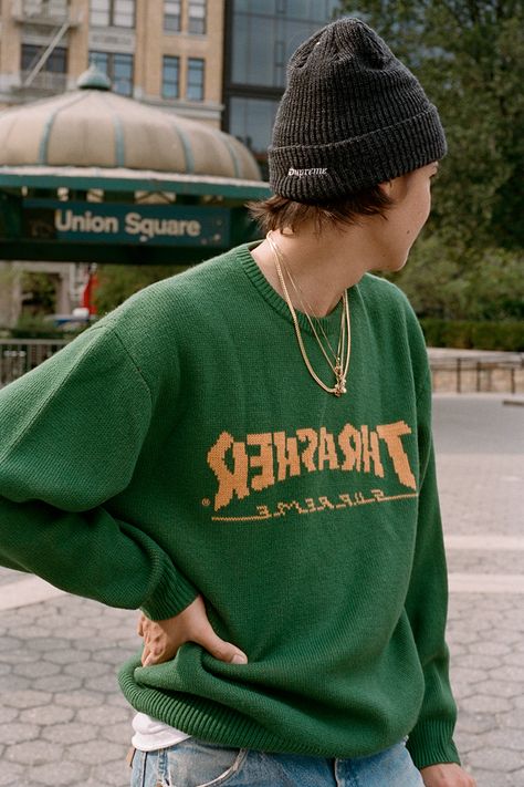 Thrasher Outfit, Skate And Destroy, Mens Fashion Streetwear, Skater Style, Green Sweater, Contemporary Fashion, Signature Style, Varsity Jacket, Hooded Sweatshirts