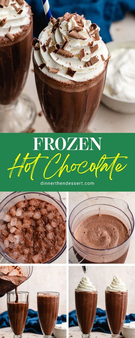 Frozen Hot Chocolate is an icy version of the classic drink with homemade hot cocoa mix, milk and ice! Easy frosty chocolaty treat in minutes! Frozen Drinks Nonalcoholic, Frozen Hot Chocolate Recipe Easy, Iced Hot Chocolate Recipe, Hot Chocolate With Almond Milk, Iced Hot Chocolate, Frozen Hot Chocolate Recipe, Hot Chocolate Recipe Homemade, Hot Chocolate Mix Recipe, Frozen Drink Recipes