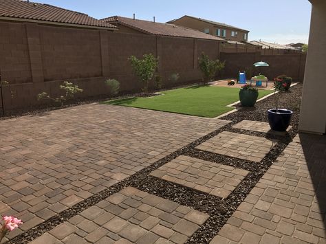 Our backyard. #paverpatio #artificialturf #xeriscape #arizona Simple Desert Backyard Landscaping, Arizona Backyard Ideas On A Budget, Az Backyard Ideas, Rectangle Backyard Ideas, Backyard Casita, Planters Backyard, Turf Yard, Dog Yard Landscaping, Arizona Backyard Ideas