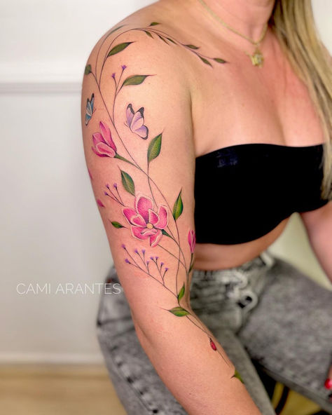 Scattered Flower Tattoo, Color Tattoo Sleeve Women, Colorful Flower Sleeve Tattoos For Women, Sewing Tattoo Design, Arm Tattoos Cute, Sewing Tattoos, Circus Illustration, Floral Back Tattoos, Pretty Flower Tattoos