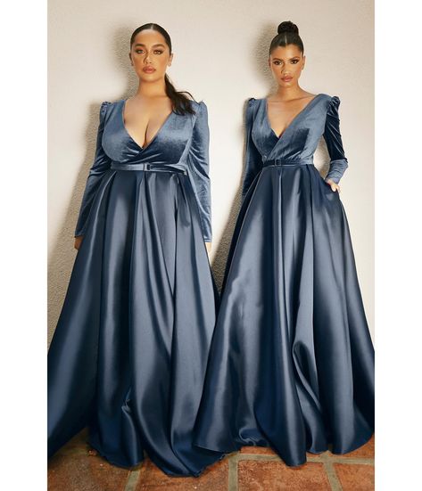 Retro & Vintage Plus Size Smokey Blue Long Sleeve Bridesmaid Gown | Unique VintageÊ Long Sleeve Velvet Gown, Velvet Ball Gown, Special Ocassion Dresses, Trendy Plus Size Dresses, Smoky Blue, Long Sleeve Velvet Dress, Cinderella Divine, Velvet Gown, Ball Gown Skirt