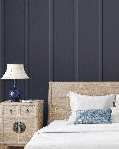 Bedroom Accent Wall Target, Bedroom Wallpaper And Paneling, Wood Bed Navy Wall, Dark Blue Bedding Accent Wall, Simple Wallpaper Behind Bed, Wallpaper For Boys Bedroom Dark Blue, Navy Blue Accent Wall Bedroom Wallpaper, Bedroom With Navy Wallpaper, Dark Navy Wallpaper Bedroom