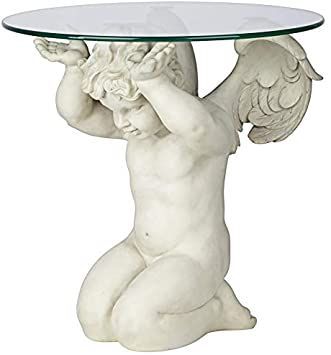 Design Toscano Cherubs Care Angelic Glass-Topped Sculptural Table, 21 inch, antique stone Sculptural Table, Glass Top End Tables, Glass Top Side Table, Antique Stone, Feather Wings, Pet Crate, Wood End Tables, Elephant Figurines, Design Toscano