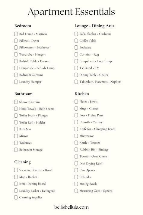 Home Packing Tips, First Apartment Registry, First Apartment Checklist Minimalist, Apartment Supply List, Bedroom Checklist Moving, Move In Day Essentials, Apartment Tips And Tricks, List For New Apartment, Apartment Necessities List