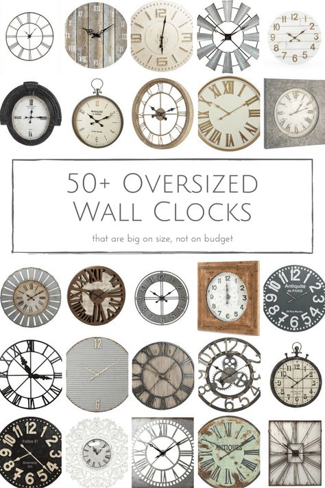 An oversized wall clock is an easy way to make a statement in any space! Here are 50  of my favourite rustic wall clocks that are big on size, but small on budget. Clock Decor Living Room, Oversized Wall Clocks, Oversized Clocks, Big Clocks, Big Wall Clocks, Rustic Wall Clock, Farmhouse Wall Clock, Rustic Wall Clocks, Wall Clocks Living Room