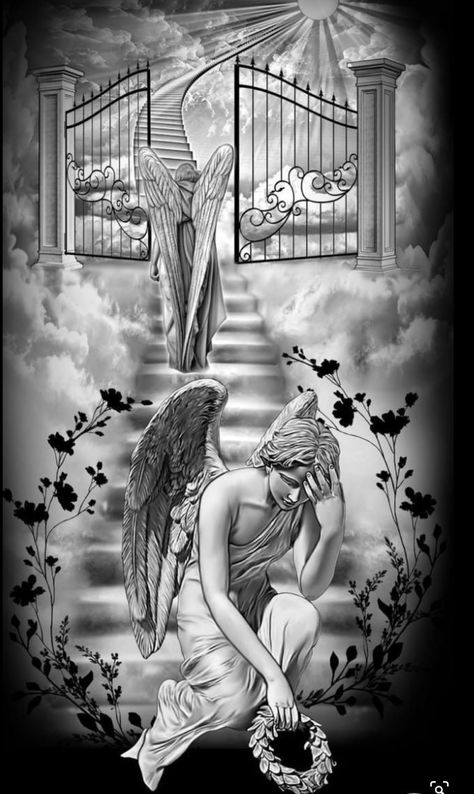 Gates Of Heaven Drawing, Heavens Gates Tattoo Design, Mom Tattoos For Guys, Stairs To Heaven Tattoo, Gates Of Heaven Tattoo, Stairway To Heaven Tattoo, Heaven Tattoo, Forearm Tattoo Quotes, Stairs To Heaven