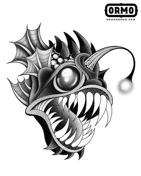 Black And Grey Tattoo Design Drawings, Anglerfish Drawing, Anglerfish Tattoo, Black And Grey Tattoo Ideas, Angler Fish Drawing, Black And Grey Tattoo Design, Angler Fish Tattoo, Aquatic Tattoo, Watercolor Tattoo Ideas