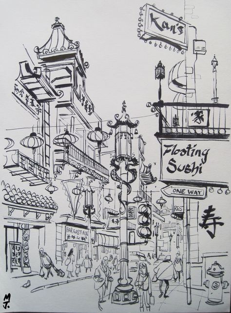 China Building Drawing, Chinatown Drawing, Hong Kong Sketch, China Town Art, Great Wall Of China Sketch, Soho, Drawing Tutorial, Male Sketch, Humanoid Sketch