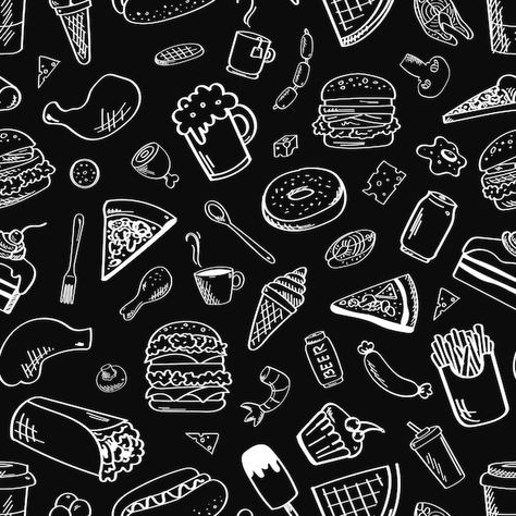 Vector food seamless pattern in black an... | Premium Vector #Freepik #vector #burger-sketch #burger-fast-food #hamburger #burger Burger Vector, Black Burger, Menu Card Design, Pizza Art, Food Doodles, Pizza Burgers, Food Cartoon, Food Illustration Art, Vector Food