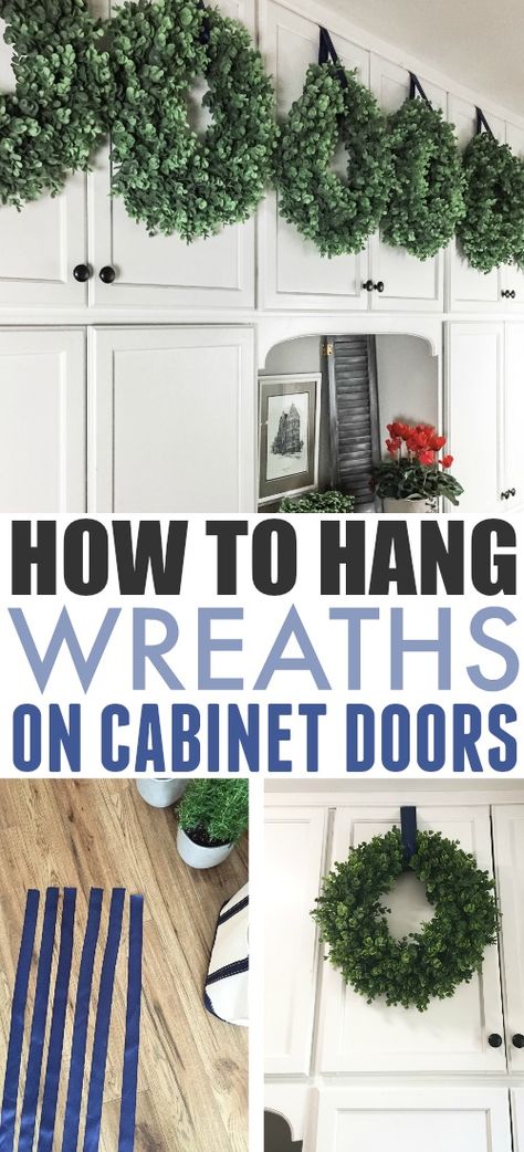 How to Hang Wreaths on Cabinet Doors | The Creek Line House Wreath On Kitchen Cabinet Door, Wreaths On Cabinet Doors, Wreath In Kitchen, Kitchen Wreath Ideas, Christmas Cabinets, Wreaths On Kitchen Cabinets, Easy Diy Christmas Wreath, Kitchen Organizing Ideas, Wreath Kitchen