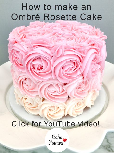 Cakes With Pink Frosting, Floral Piped Cake, How To Make A Rosette Cake, Roses On Cakes Buttercream, Pink Rossete Cake, Rosette Cupcakes With Sprinkles, Pink Ombre Rosette Cake, How To Make Rosettes On A Cake, Pink Ombre Cake Ideas