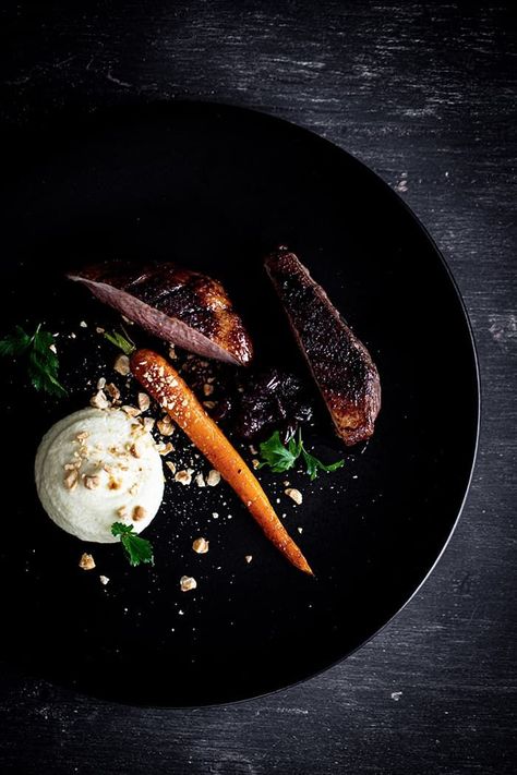 Cherry Glazed Duck Breast, Celeriac Puree, Roasted Carrot & Hazelnuts | Temptation For Food Celeriac Puree, Cherry Glaze, Roasted Carrot, Roasted Fennel, Beef Fillet, Duck Breast, Potato Puree, Fine Dining Recipes, Duck Recipes