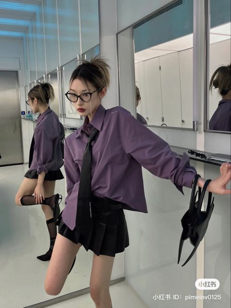 Outfits With Purple Skirt, European Style Outfits, Purple Outfits, Pinterest Outfits, Mode Inspo, Geek Chic, Outfit Goals, Kpop Outfits, Types Of Fashion Styles