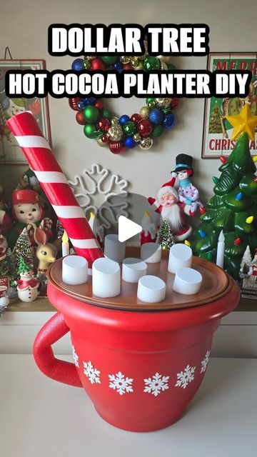 Bethany (Bargain Bethany) on Instagram: "Jumbo Hot Cocoa Mug using Dollar Tree items and a planter! #dollartree #dollartreediy #dollartreefinds #dollarchristmasdiys #christmasdecor #christmasdiy #christmasdiys" Dollar Tree Giant Ornament, Giant Hot Cocoa Mug Diy, Christmas Gifts From Dollar Tree, Christmas Candy Decorations Diy, Foam Dice Dollar Tree Crafts, Gingerbread Decor Diy, Diy Giant Hot Cocoa Cup, Gingerbread Crafts Diy, Dollar Tree Christmas Crafts Diy Projects