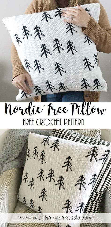 nordic tree pillow, modern crochet home decor, modern crochet pattern, black and white tree pillow crochet pattern, free crochet patterns for the home Nordic Tree, Modern Haken, Crochet Cushion Pattern, Crochet Cushion, Projects Design, Confection Au Crochet, Crochet Cushion Cover, Crochet Pillow Pattern, Crochet Pillows