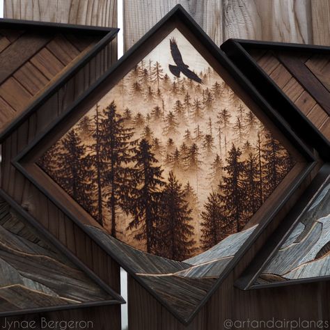 Foggy Forests | Art and Airplanes Wood Burned Mountain Scene, Unique Art Forms, Pyrography Landscape, Wood Burning Gifts, Wood Burned Frames, Gardening Signs, Wooden Hammock Stand, Round Gazebo, Pyrography Designs