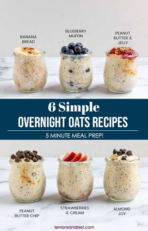 Wondering where to start with overnight oats? Start here! Learn all you need to know when starting out with overnight oats and try these 6 easy overnight oats flavors that will certainly become your favorite! #overnightoats #overnightoatrecipes #easyovernightoats #oatmeal #breakfast Chia Puding, Overnight Oats Recipes, Smoothies Vegan, Easy Overnight Oats, Oat Recipes Healthy, Resep Smoothie, Overnight Oats Recipe Healthy, Overnight Oats Healthy, Overnight Oatmeal