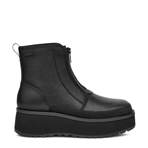 Explore urban adventures in luxurious style with these women's Ugg Cityfunc black winter boots. Featuring water-resistant leather upper, these round toe boots have rear pull tab made from 100% recycled polyester fibers for sustainability and front zipper closure for easy wear and a secure fit. Textile lining made of 49% polyester and 51% UNIFI REPREVE recycled polyester, molded EVA footbed, and peppermint-based anti-odor treated sockliner keep your feet comfortable and fresh all day long. Lightw Ugg Zipper Boots, Women’s Winter Boots, Winter Boots 2024, Winter Combat Boots, Ugg Style Boots, Round Toe Boots, Black Winter Boots, Ugg Style, Winter Shoes For Women