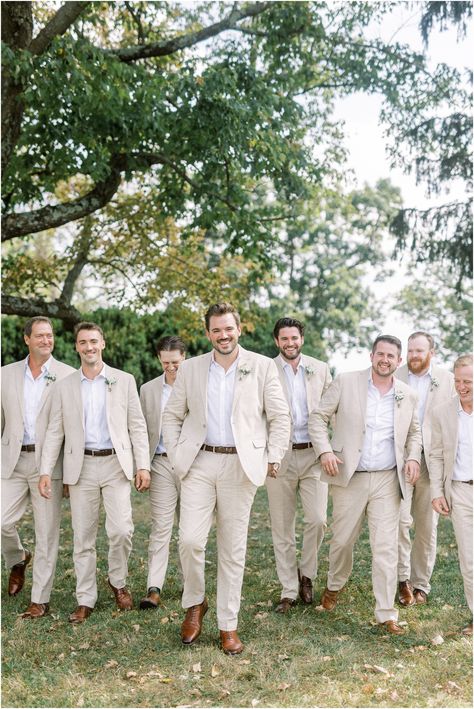 Relaxed, classic groomsmen attire for a summer wedding. Beige suites and white shirts with brown shoes-the perfect combination! Wedding Inspiration for the groom. #groomsuit #beigesuit #groomstyle #groomsmensuits Pale Yellow Groomsmen Attire, Groom In Khaki Pants, Light Khaki Groomsmen Attire, Groomsmen Attire Light Brown, Groomsmen Attire Cream Suits, Khaki Mens Wedding Attire, Light Beige Groomsmen Suits, Oatmeal Suit Wedding, Groomsmen Suits Beige