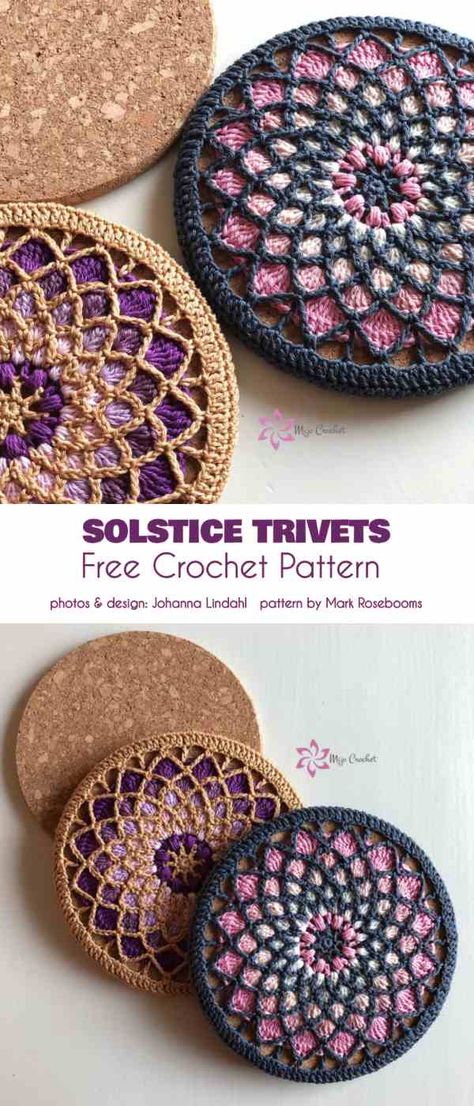 Solstice Trivets Free Crochet Pattern Crocheted Coasters, Confection Au Crochet, Crochet Coaster Pattern, Crochet Potholders, Crochet Kitchen, Crochet Diy, Crochet Mandala, Crochet Motifs, Ideas Crochet