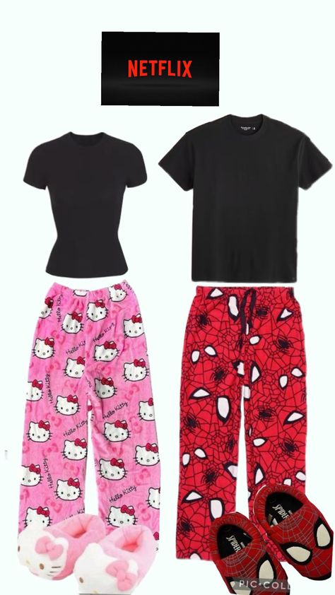 #pajamas #outfit #boyfriend #pilatesprincess #coffeeaesthetic #homedecor #home #netfilx #hellokitty #hellokittyaesthetic #spiderman #spidermanaesthetic Hello Kitty And Spiderman Outfit, Dr Pajamas, Hello Kitty X Spiderman, Spiderman Pajamas, Pajamas Outfit, Spider Venom, Spiderman Outfit, Pajamas Aesthetic, Hello Kitty Clothes