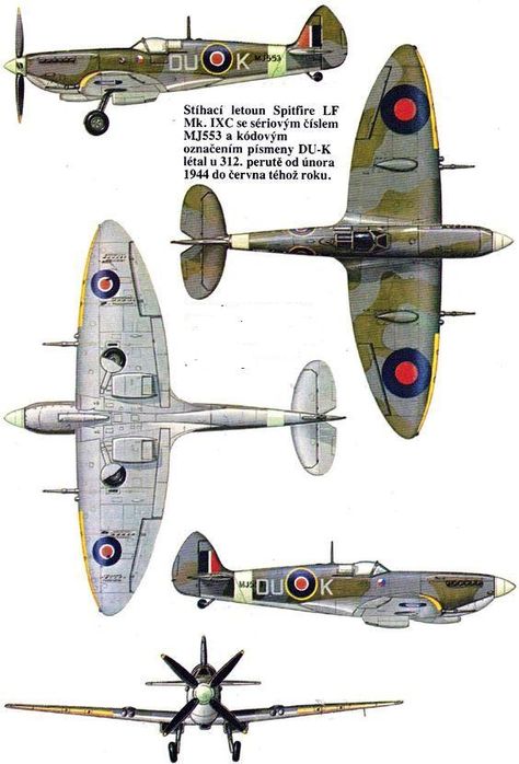 Supermarine Spitfire LF Mk IXC 'Fighter RAF (Czech unit) 1944 Spitfire Plane, Luftwaffe Planes, Wwii Fighter Planes, Wwii Airplane, Reconnaissance Aircraft, Wwii Fighters, Aircraft Painting, Wwii Plane, Supermarine Spitfire