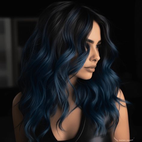 Fantasy Hair Color Highlights, Black Hair Blue Balayage, Colored Hair For Dark Hair, Dark And Blue Hair, Black To Dark Blue Hair, Dark Hair With Blue Undertones, Balayage On Jet Black Hair, Blue Baylage Hair Dark Brown, Best Colors For Black Hair