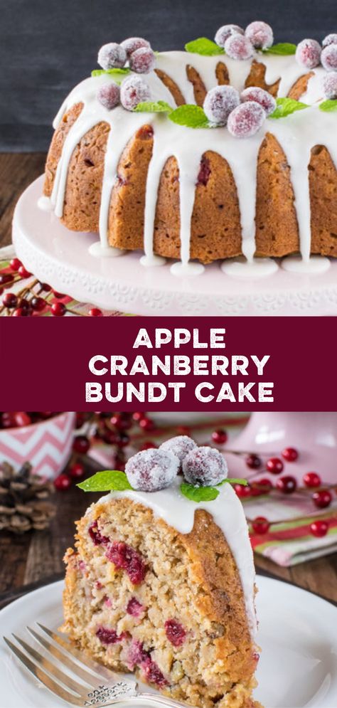 Give this caramel apple bundt cake a Christmas twist using cranberries and pecans. The cake has a dense texture giving it a fruit cake feel. I think adding candied cherries, orange zest, and coconut would be really good in it too. Grab the recipe now. A sweet glaze and sugared cranberries add a fun & festive flair to this Apple Cranberry Bundt Cake. This easy fruit cake is the perfect holiday dessert. Cranberry Bundt Cake, Comfort Baking, Healthy Cakes, Easy Bundt Cake, Cranberry Cake, Sweet Glaze, Apple Recipe, Sugared Cranberries, Pound Cakes