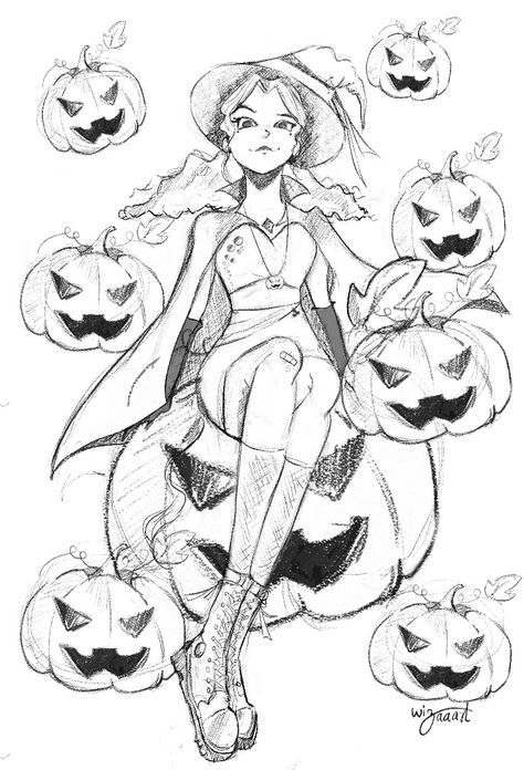 Pumpkin Queen Art, Holding Pumpkin Pose Reference, Witch Drawing Poses, Halloween Girl Drawing, Witch Poses Reference Drawings, Witch Lineart, Spooky Inktober, Jackolantern Drawing, Witch Inktober