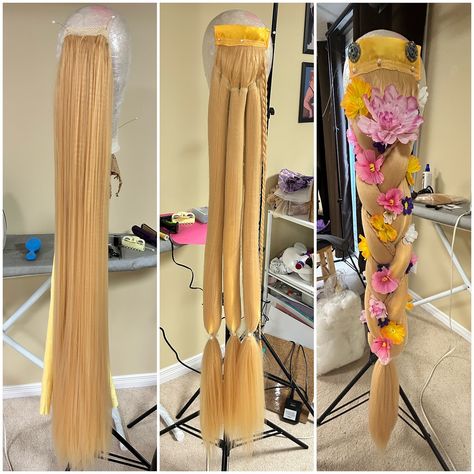 I randomly decided to finally wear Rapunzel to a con, but if I was going to put in the effort to wear her I decided I was going to go ALL OUT on the wig. This braid is made out of two 48 inch tall pigtails from a blonde Hatsune Miku wig harvested and stuck together. I then crimped the fibers (my first time ever using a crimper and how I ruined my wrist for a good 4 days. It wasn’t fun.) Then wrapped around stuffed fabric tubes, put into tulle tube “shields” to prevent flyaway hairs and a nee... Hatsune Miku Wig, Miku Wig, Rapunzel Wig, Rapunzel Costume, Stuck Together, Hatsune Miku, Rapunzel, Bangs, Wigs