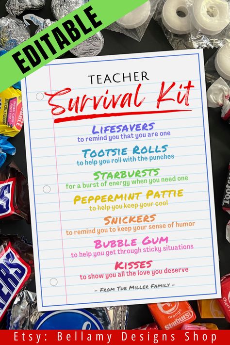 Editable Teacher Survival Kit Tag. #bellamydesignsshop #bellamydesigns #teacherappreciation #teachersurvivalkit #teachergift #backtoschool #welcomebacktoschool #1stdayofschool #backtoschoolgoodybag #sundayschool #church #backtoschoolsurvivalkit #ptogift #ptagift #schoolsurvialkit #backtoschooltreattag #staffappreciation #thankyoutreatcard #goodiebagtag #survivalkit #schoolstaff #schoolhero #goodybagidea #backtoschooltreat #teacherappreciationgift #teachertreattag #teachergift #teachergiftbasket Christian Back To School Survival Kit, Back To School Blessing Bags, Church Back To School Gift, Fun Back To School Gifts For Kids, Christian Back To School Gifts For Kids, Back To School Church Ideas, Back To School Bash Ideas For Church, Back To School Goodie Bags, Back To School Survival Kit