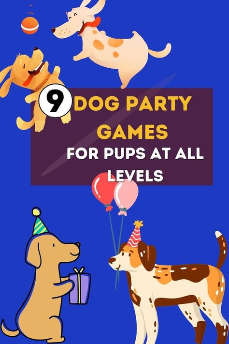 two dogs playing with a ball, one dog holding a present, and another dog holding balloons Birthday Party For Dogs Ideas, Dog Games Diy, Dog Party Games, Pet Event, Brain Games For Dogs, Dog Grooming Shop, Puppy Birthday Parties, Dog Enrichment, Dog Best Friend