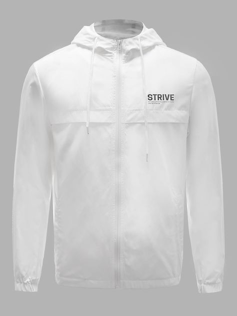 White Casual  Long Sleeve Polyester Slogan Windbreaker Embellished Non-Stretch Spring/Fall Men Outerwear White Sports Windbreaker, Sporty White Windproof Windbreaker, White Moisture-wicking Sports Windbreaker, White Half-zip Windbreaker For Streetwear, White Moisture-wicking Windbreaker For Streetwear, White Windbreaker, Windbreaker Jacket Mens, Mens Windbreaker, Windbreaker Jacket