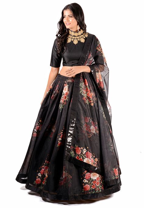 Digital Printed Organza Lehenga in Black Black Organza Lehenga, Black Organza Dress, Indian Lengha, Lengha Blouse Designs, Black Dress Jacket, Coast Dress, Anarkali Lehenga, Lengha Choli, Organza Lehenga