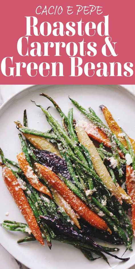 These roasted green beans and carrots are a show stopper! Rainbow carrots and tender green beans are roasted then tossed with butter, pecorino cheese, and pepper - for a cacio e pepe twist! Not only do they taste amazing, but it’s an easy one pan dish that you\'ll make again and again. Roasted Green Beans And Carrots, Green Beans And Carrots, Cheesy Green Bean Casserole, Veggie Side Dish Recipes, Carrots And Green Beans, Carrot Greens, Roasted Green Beans, Thanksgiving Side, Carrot Recipes