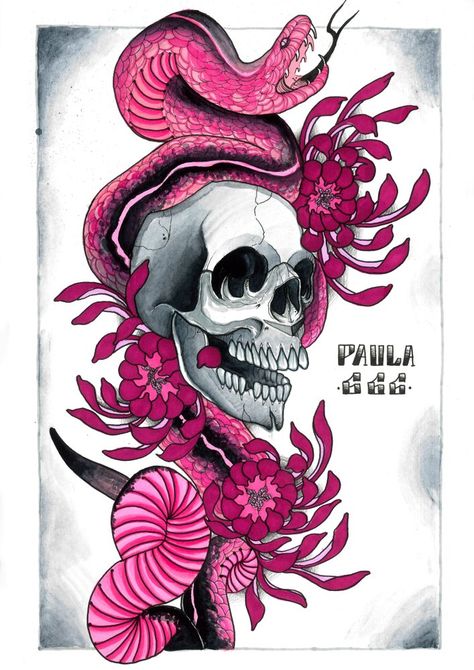 Pink Skull Tattoo, Pink Snake Tattoo, Green Snake Tattoo, Snake Pink, Tattoo Snake, Skull Snake, Tattoo Japanese, Surreal Tattoo, Snake Tattoo Design