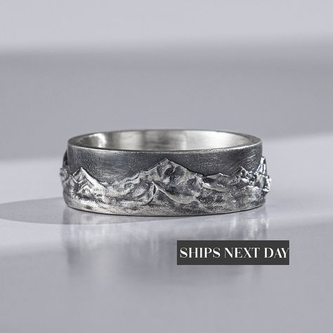 Silver Mountain Ring, Mens Silver Wedding Bands, Nature Wedding Ring, Unique Promise Rings, Mountain Ring, Engraved Engagement Ring, Mens Silver Rings, Ring For Men, Sterling Silver Mens