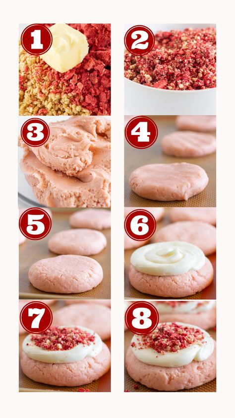 Strawberry Shortcake Crunch Cookies, Strawberry Crumb Cake Cookie, Strawberry Milk Cookies Crumbl, Strawberry Crunch Cake Cookies, Crumble Strawberry Cookie, Crumbl Strawberry Shortcake Cookies, Strawberry Crunch Cookies Recipe, Strawberry Cookies From Cake Mix Recipes, Strawberry Crumble Cookies