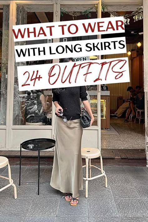 Elevate your style by checking out this list of 24+ incredibly chic long skirt outfit ideas. These outfit ideas with maxi skirts, midi skirts, silk skirts, satin skirts, and denim skirts are insanely good for a classy or casual look. Whether you want to wear long skirts to work, for date night, parties, night out, or to a summer vacation, check out this list for the ultimate inspo! Maxi Skirt Outfit Fall 2024, Ways To Wear A Maxi Skirt, Outfits For Long Skirts, Shoes With Long Skirts, Long Silk Skirt Outfit Classy, How To Wear A Maxi Skirt, Silk Long Skirt Outfit, 90s Maxi Skirt Outfit, Maxi Silk Skirt Outfit