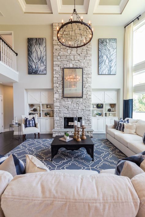 Fireplace Chase Ideas, High Ceiling Two Story House, Tall Ceiling Fireplace, Tall Fireplace Ideas, Tall Fireplace Wall High Ceilings, 2 Story Fireplace, Tall Room, Floor To Ceiling Fireplace, Two Story Great Room