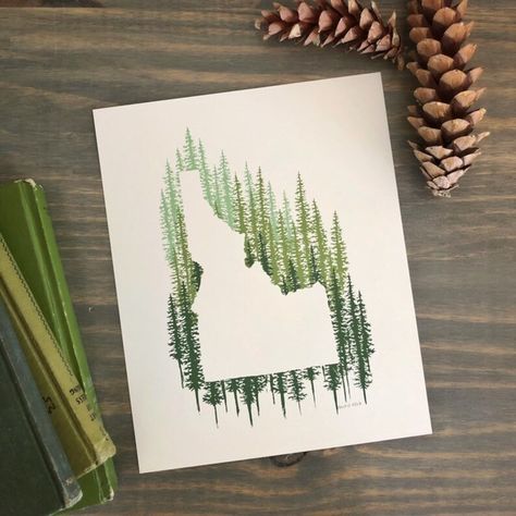 Map Silhouette, Sun Valley Idaho, 4th Grade Art, Idaho State, Bullet Journal Themes, Journal Themes, State Map, Outdoor Art, Green Trees