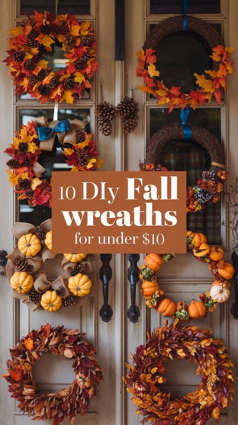 A collection of colorful DIY fall wreaths adorns a wooden door. Made with leaves, pinecones, and mini pumpkins, they convey a festive autumn feel. Apple Wreath Diy, Diy Autumn Wreaths, Dollar General Christmas, Diy Fall Wreath Ideas, Diy Fall Wreaths, Fall Wreath Ideas, Apple Wreath, Easy Fall Wreaths, Living Wreath