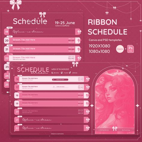 Pink Cute Ribbon Pastel Stream Schedule | Cute Pastel Vtuber Schedule | Simple Weekly Schedule For Streamers | Canva and PSD included Schedule Graphic Design, Vtuber Schedule, Stream Schedule, Cute Ribbon, Stream Overlay, Business Flyers, Diary Ideas, Cute Pastel, Weekly Schedule