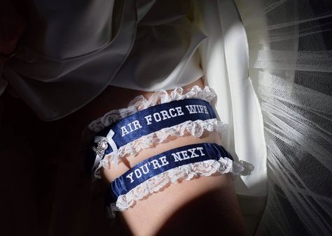 Air Force Wife #garter #wedding #airforce Air Force Uniform Wedding, Air Force Wedding Colors, Air Force Wedding Pictures, Airforce Couple, Military Proposal, Military Wedding Air Force, Air Force Graduation, Air Force Wife, Air Force Wedding