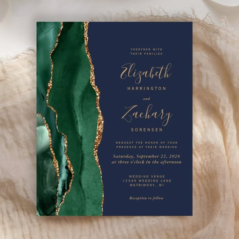 The left-hand edge of this elegant modern wedding invitation features an emerald green watercolor agate border trimmed with faux gold glitter. The customizable text combines gold-colored handwriting, copperplate and italic fonts on a navy blue background. The reverse side features a matching emerald green and gold agate design. Light Blue And Emerald Green Wedding, Blue Green Gold Wedding Colors, Emerald Green And Blue Color Palette, Navy Emerald Gold Wedding, Emerald And Blue Wedding, Emerald Green And Navy Wedding, Dark Green And Blue Wedding, Navy Blue And Emerald Green Wedding, Emerald Green And Blue Wedding