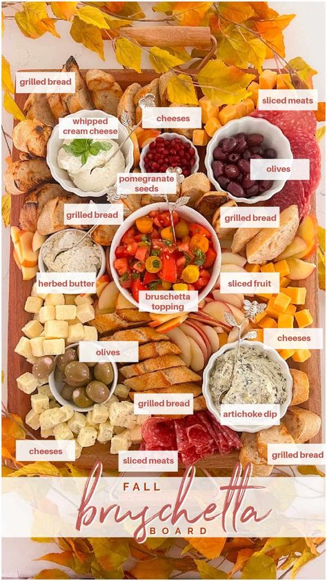 Fall Bruschetta Charcuterie Board. How to create a Fall Bruschetta Party Board featuring grilled baguette slices, a fresh bruschetta topping, and a variety of toppings for a fun and flavorful autumn gathering. Charcuterie Board Bruchetta, Bruschetta Board Ideas, Fall Bruschetta, Bruschetta Party, Bruschetta Board, Finger Foods Easy Party, Fresh Bruschetta, Autumn Gathering, Fall Appetizers Easy