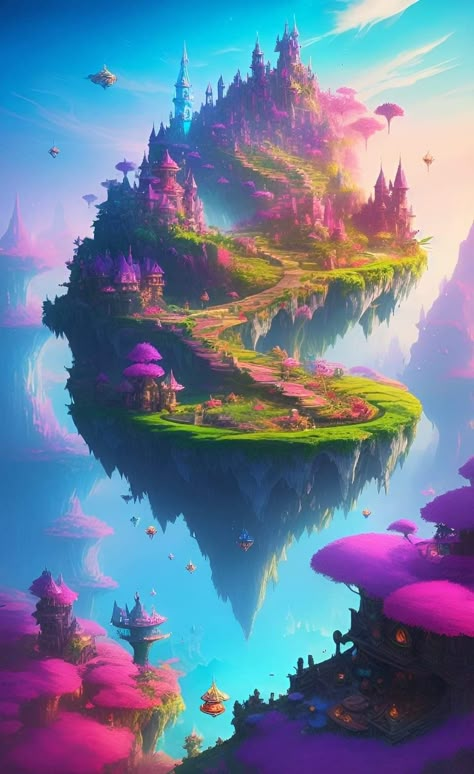 Fantasy World Illustration, Write Prompts, Magic Places Fantasy Dreams, Sky Island, Floating Islands, Forest Drawing, Imaginary World, Magic Land, Floating Island