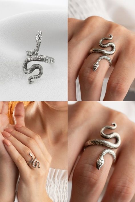 Handmade item
Ships from a small business in Wisconsin
Materials: Gold, Rose gold, Silver
Adjustable, 
Style: Minimalist Snake Women, Silver Snake Ring, Serpent Ring, Edgy Jewelry, Snake Ring Silver, Art Jewelry Contemporary, Jewelry Accessories Ideas, Snake Ring, Gold Snake