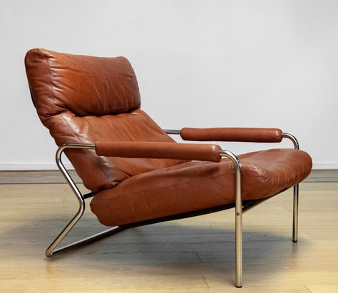 Listed on VNTG.com: 1960s Swedish Tubular Chrome And Brown Leather Brutalist Lounge Chair | #vntg #vintage Leather Armchair Vintage, Vintage Comfy Chair, Vintage Leather Chair, Comfy Lounge Chair, Mid Mod Furniture, 60s Chair, Bowl Chair, Art Deco Lounge, Vintage Leather Chairs