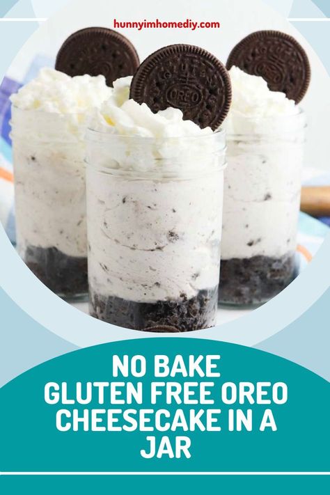 When it comes to finding delicious no bake desserts, cheesecake is a great option! And thanks to the invention of gluten free Oreos, you can enjoy a delicious dessert without the gluten! This simple recipe for no bake gluten free Oreo cheesecake in a jar is sure to satisfy your sweet tooth. That makes it the perfect gluten free dessert for just about any occasion. Gluten Free Cheesecake Cups, Cheesecake Bites Gluten Free, Gluten Free Mason Jar Desserts, Gluten Free Cheesecake In A Jar, Gluten Free Mini Dessert Cups, Gluten Free Dessert Shooters, Mini Gluten Free Desserts, Gluten Free Parfait Desserts, Celiac Dessert Recipes